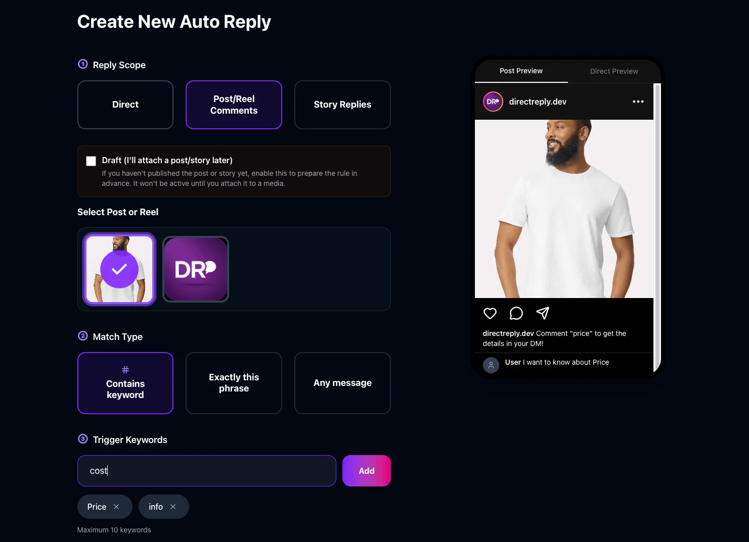 Selecting Post Comment scope in Direct Reply auto-reply dashboard