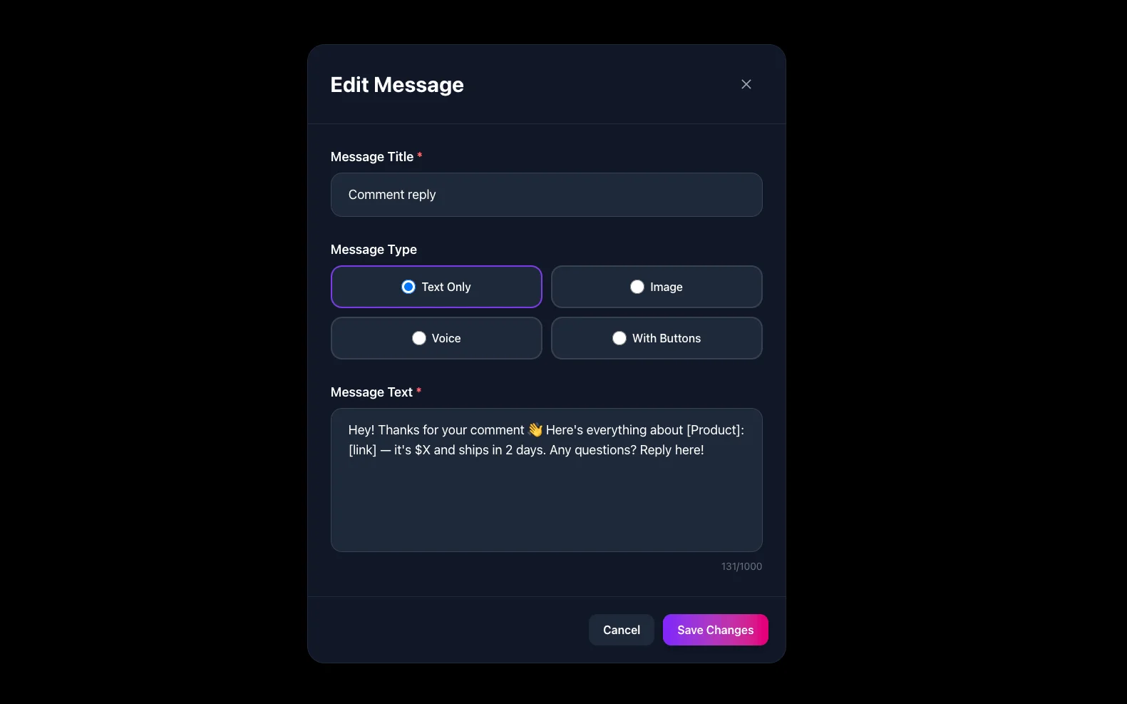 Writing comment reply and DM message in Direct Reply dashboard
